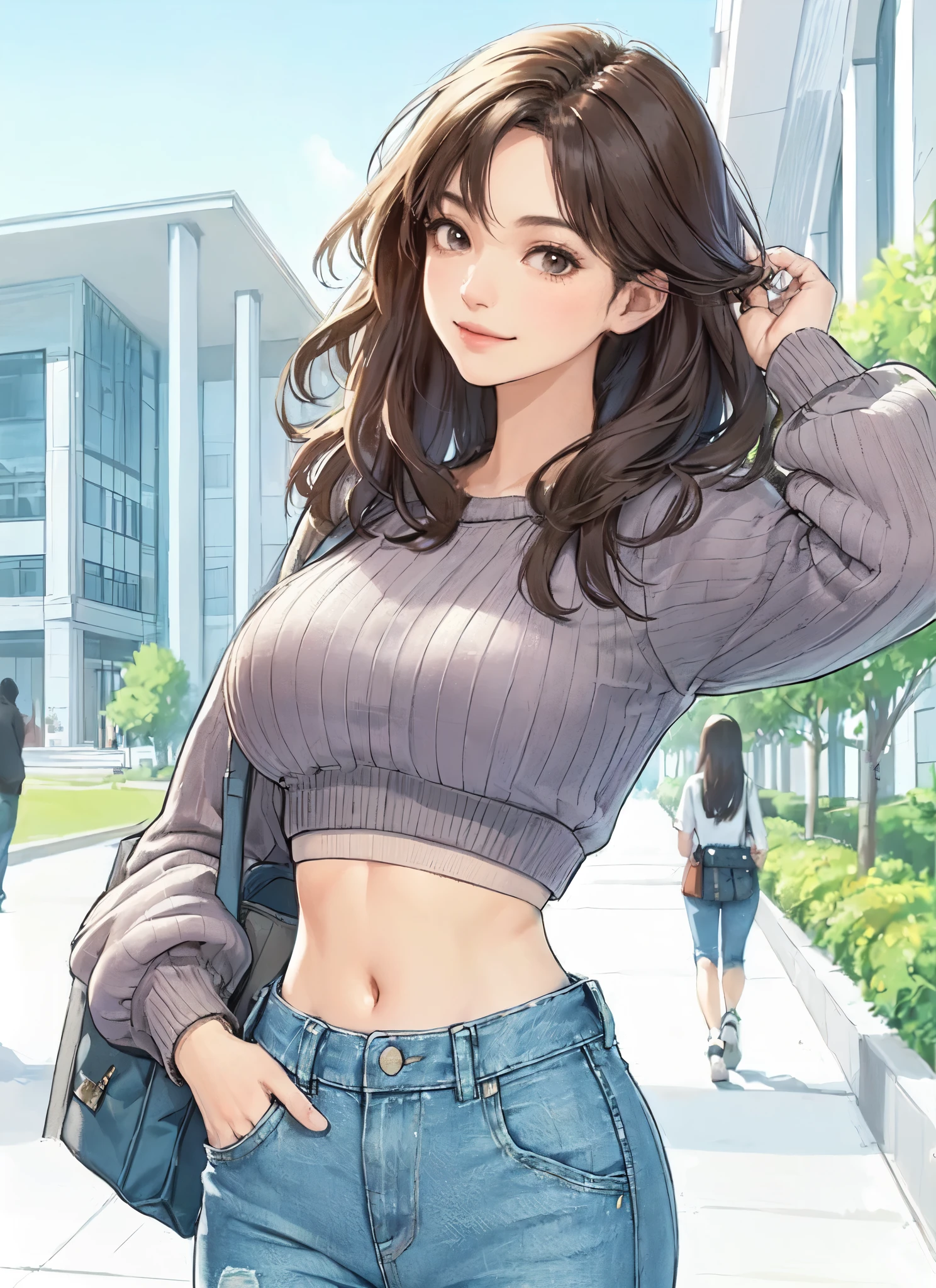 1lady solo, (strolling through university campus), stylish (refreshing knit) (denim pants), mature female, /(dark brown hair/) bangs, kind smile, (masterpiece best quality:1.2) delicate illustration ultra-detailed, large breasts, (holding casual bag) BREAK (general university campus) outdoors, noon, detailed background