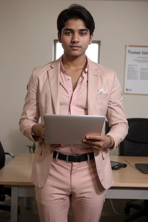 a 20 years old Indian bihari CS boy where he wearing pink suit pant and he working in his laptop in office 