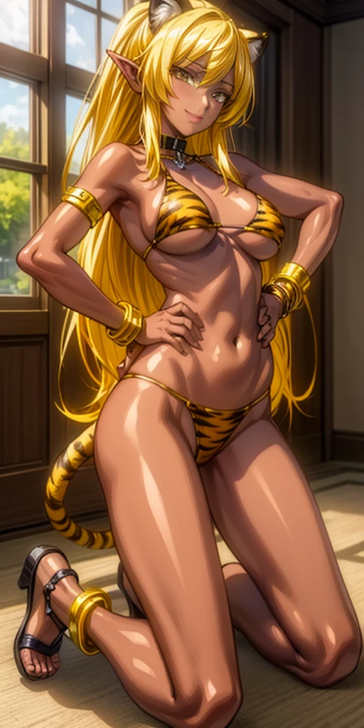 (Masterpiece, best quaility, 4k) (black gyaru darkest skin) (pointy ears) (tiger tail) Princess Nina wearing yellowish tiger print bikini, hands on hips, full body kneeling, golden = (shackles wristbands, chains, bracers, handcuffs) leather collar choker, metal sandals, big knockers, happy closed mouth red cheeks