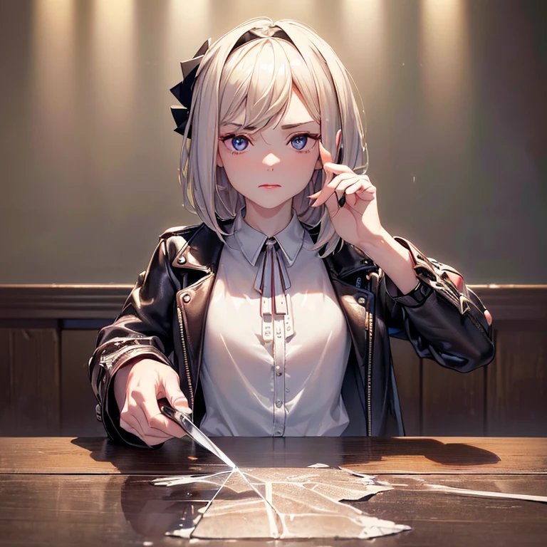((((Point your smartphone at the camera)))),(((Extending arms towards the camera))),((((POV)))),((((Holding a smartphone)))),((Get angry)),(((leather jacket))),((((white_shirt)))),(((jeans))),((leaning on person)),((indoors)),((diffraction of light)),((tyndall effect)),(((pale red lip))),(((fuller lips))),(((beeline))),(((sense of depth))),((highest quality)),((32K)),((HDR)),((Ultra-high resolution)),((RAW)),((Realism)),((masterpiece)),(Intricate details),(Delicate and beautiful details),Detailed eyes,Detailed facial features,glossy lips,((((madeon)))),((perfect anatomy)),gleaming skin,(best illuminate),(cinematic shadows),((absolutely resolution)),((incredibly absurdres)),((highres)),(refraction_1.4),((ultra detailed)),