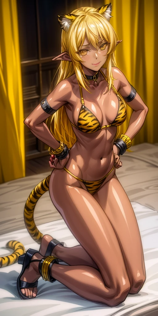 (Masterpiece, best quaility, 4k) (black gyaru darkest skin) (pointy ears) (tiger tail) Princess Nina wearing yellowish tiger print , hands on , full body kneeling, golden = ( wristbands, chains, bracers, handcuffs) leather collar choker, metal sandals, big knockers, happy closed mouth red cheeks