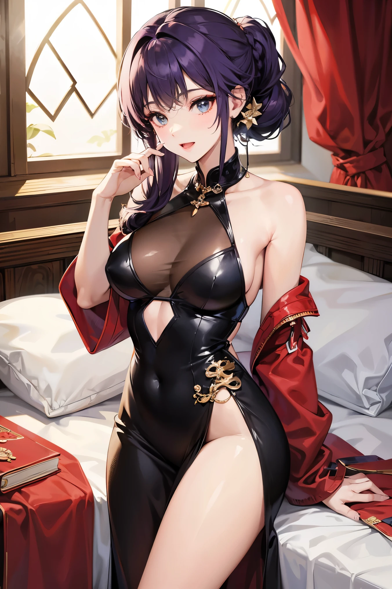 solo, A beautiful evil lady assassin, gazing condescendingly at the viewer with a scornful grinning expression, ((heart marks are floating in the background, kiss, blow a kiss to the viewer)), ((Lying on the bed))), ((seduction, seductive attack, temptation, temptation attack)),  (opening your legs), (not showing your skin), extremely detailed , masterpiece quality, ultra-detailed, HDR, vivid colors, physically-based rendering, thick muscular thighs, beautiful muscular thighs, attractive buttocks, very strong wrestler, High resolution, masterpiece, accurate, Anatomically correct, Winner of numerous awards, best quality, detail, high detail, high quality, quality, Retina, Very detailed, Textured skin, Ultra high definition, (wearing shiny pink, wearing a tight Chinese dress, wearing a skirt, wearing a tight dress, wearing sexy panties), you won,