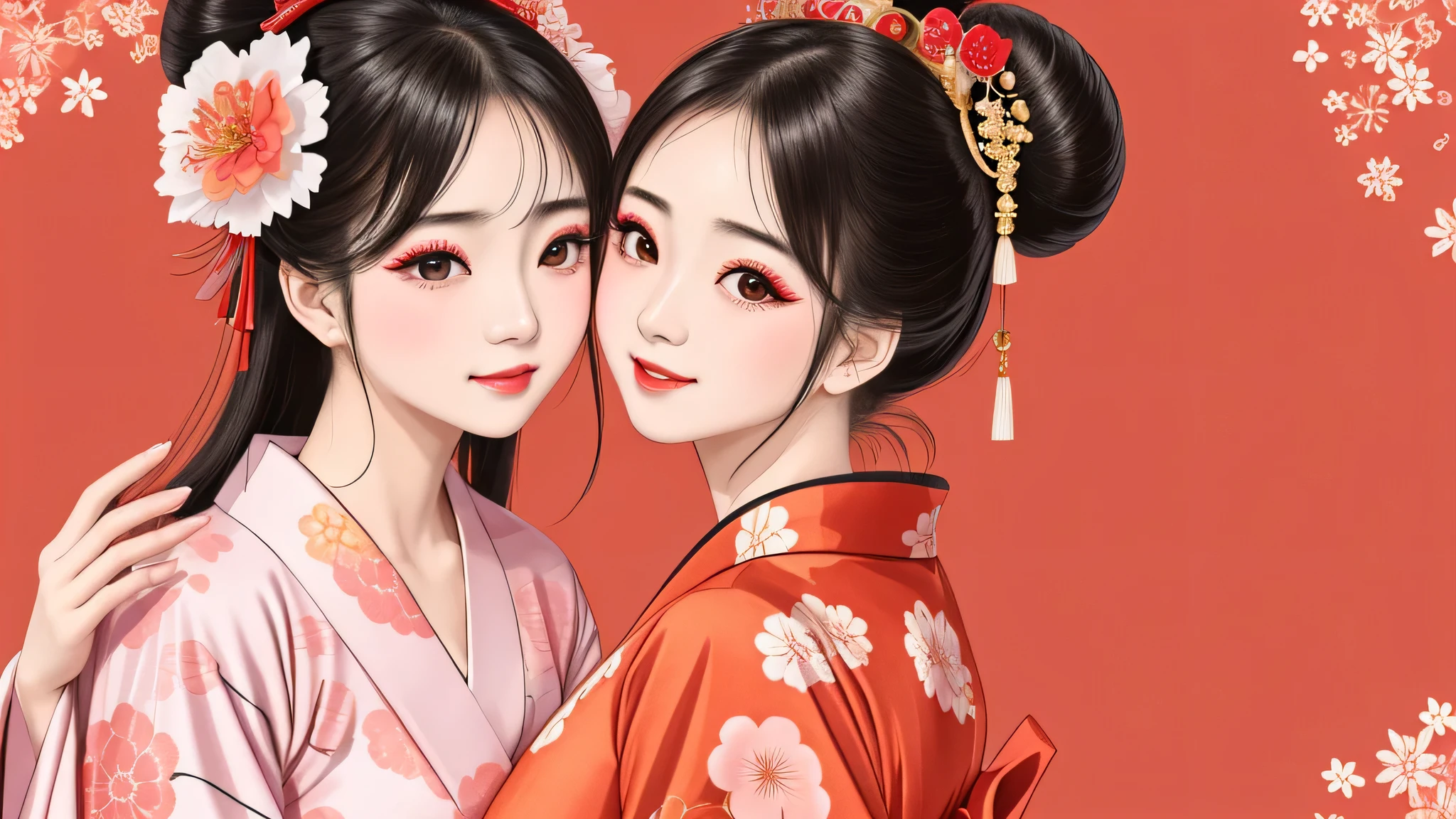 Each has a different expression2People and sisters、(2 girls)、⦅Dancing traditional arts with grace)、((、Small Face、Not exposed))、highest quality、masterpiece、(Black Hair、Bun Hair)、Brown Eyes、⦅Wide angle、Angle from above the waist and diagonally below、Pause on the magazine cover、Their gazes are different, gazing into the distance⦆、(8K High Quality、masterpiece、High resolution、Realistic and beautiful light and shadow、(highest quality)、(High Resolution)、(Very delicate and beautiful)、(Beautiful 8k face)、(With a smile、Beautiful eyes)、(Clear skin)、(Soft hair)、(8Head to Body)、(A Japanese style yukata kimono with red, pink and orange floral patterns on a white background, interspersed with gold powder、Five beautiful Japanese girls wearing yukata)、((Tanabata decoration background))、((Small Face))、(arms up)、Thin and small nose、(Red lipstick)、(Make your cheeks red)、(Glossy skin)、((Ink painting style))、Very thin eyebrows、Overall ultra-high image quality、(She is wearing maiko-style makeup.)、Whitening、Long and beautiful eyelashes、Glowing Skin、(Red cheeks),Straight nose、masterpiece、highest quality、whole body、 Eyebrows visible through hair、Bun Hair、Grin、Gal、Gal、Viewer's Eyes、Plaid、Stylish、woman、fine、Pause、
Waiting to start