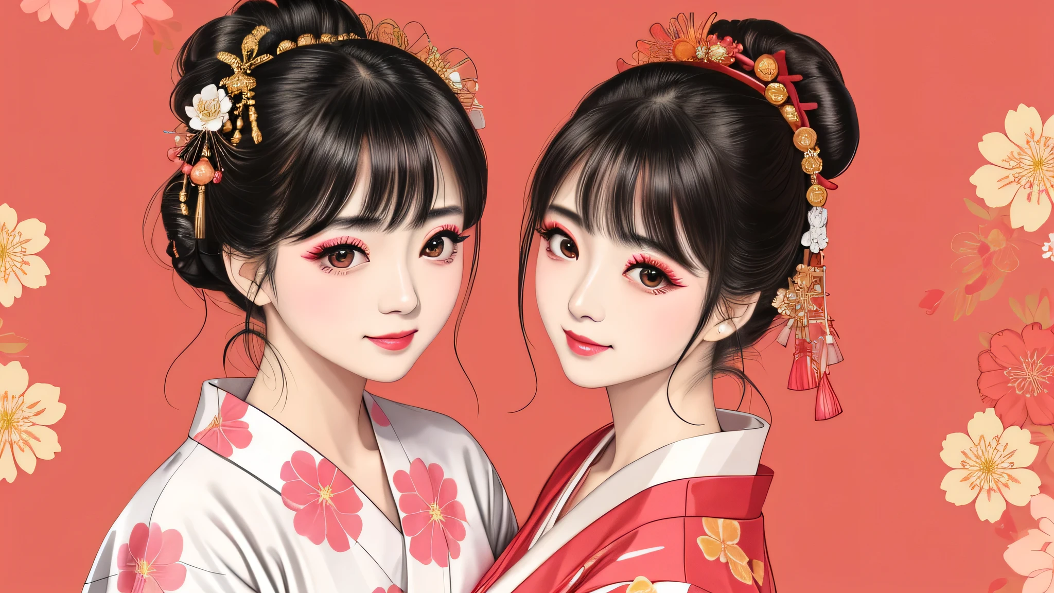 Each has a different expression２People and sisters、(２ girls）、｟Dancing traditional arts with grace)、((Big Breasts、Small Face、Not exposed))、highest quality、masterpiece、（Black Hair、Bun Hair）、Brown Eyes、｟Wide angle、Angle from above the waist、Pause on the magazine cover、Their gazes are different, gazing into the distance｠、(８K High Quality、masterpiece、High resolution、Realistic and beautiful light and shadow、(highest quality)、(High Resolution)、(Very delicate and beautiful)、(Beautiful 8k face)、(With a smile、Beautiful eyes)、(Clear skin)、(Soft hair)、(８Head to Body)、(A Japanese style yukata kimono with red, pink and orange floral patterns on a white background, interspersed with gold powder、Wearing a yukata２Beautiful Japanese girls)、((Tanabata decoration background))、((Small Face))、(arms up)、Thin and small nose、（Red lipstick）、（Make your cheeks red）、（Glossy skin）、((Ink painting style))、Very thin eyebrows、Overall ultra-high image quality、（She is wearing maiko-style makeup.）、Whitening、Long and beautiful eyelashes、Glowing Skin、（Red cheeks）,Straight nose、masterpiece、highest quality、whole body、 Eyebrows visible through hair、Bun Hair、Grin、Gal、Gal、Viewer&#39;s Eyes、Plaid、Stylish、woman、fine、Pause、
Waiting to start 
