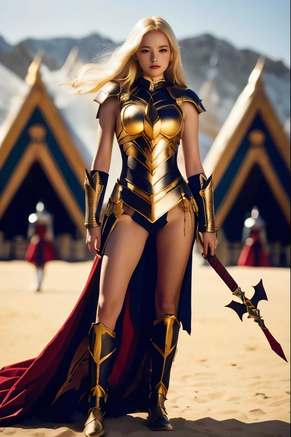 a photo of a woman in fantasy armor costume. blonde hair, pale skin. white skin
