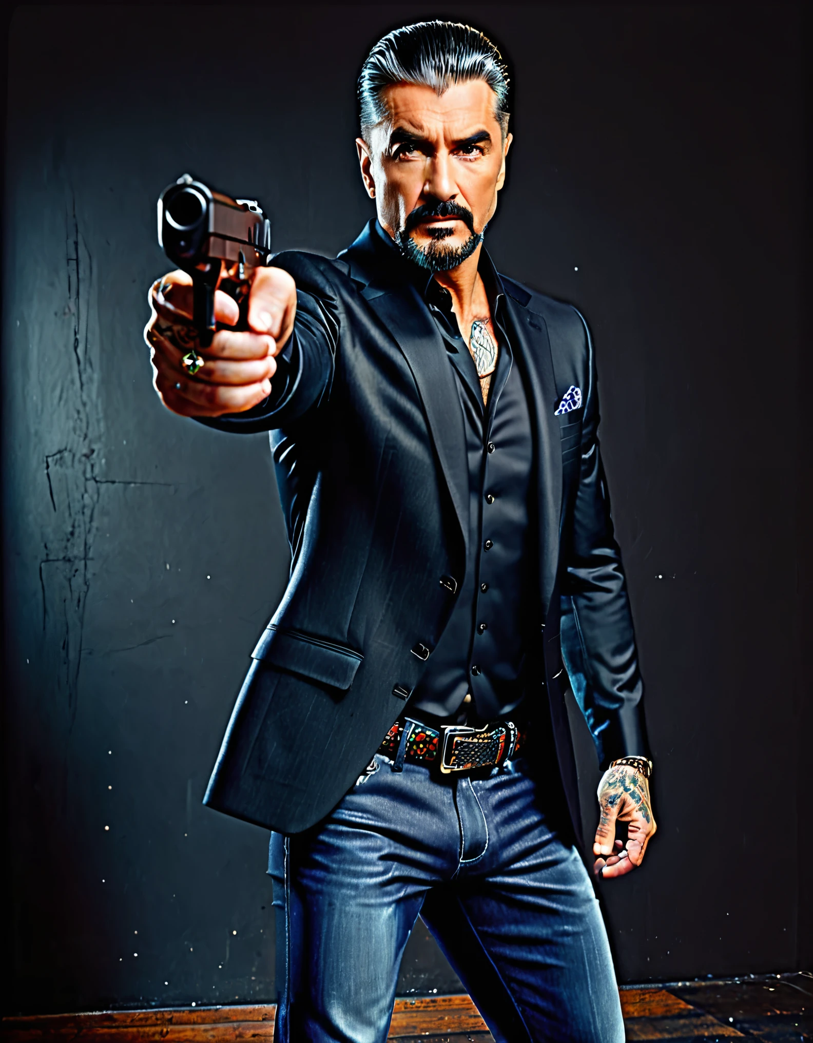 Extremely detailed, very realistic, very sharp, hyper realistic, best quality, masterpiece, 50 age, tall muscled, grizzled (stylish) hair, stubble, ((scars)), pants, evil, boots, concealed pistol holster, (((nightclub))), ((blazer)), ((tattoos)), goatee, black hair, pointing pistol at the viewer, Glock 17.