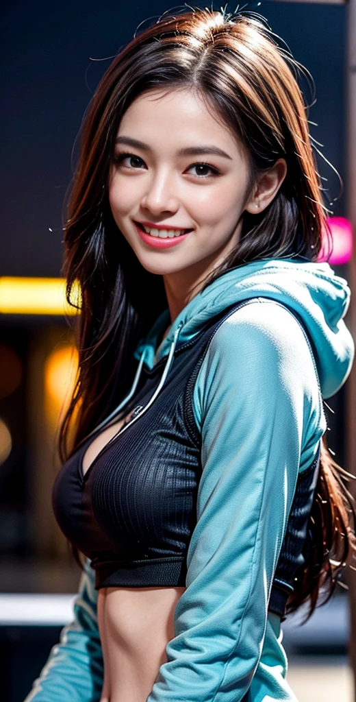 ((masterpiece, best quality, highest image quality, high resolution, truth, original photo, 8k)), ultra wide angle, girl, medium breasts,(smile  :1.5), long hair, complex hairstyle, eyes that  Beautiful and delicate, symmetrical eyes,lower abdomen, willow waist, sporty figure, details, Cropped hoodie, (Dynamic pose:1.0) ,indifferent focus,embarrassed,(Centrally located, scaled to fit the size, rule of thirds), neon lights are especially eye-catching, neon lights are very bright, at night, starry night, universe, art photography,High resolution, focus, Artistic realism, (Extremely detailed 8k integrated CG wallpaper), ((Synthwave background theme)), Vivid colors, complex, (complex background),perfect and cuteface,realistic face,live photos,analog style,complicated details,actual of