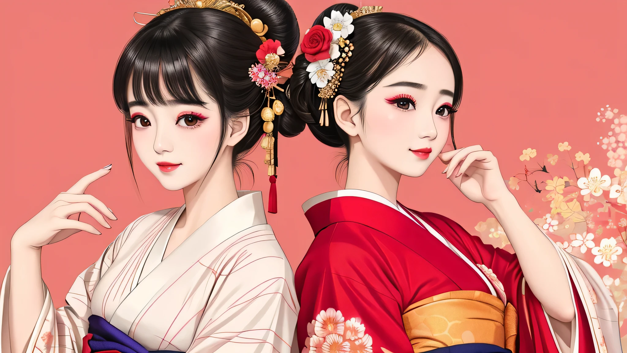 Each has a different expression2People and sisters、(2 girls)、⦅Dancing traditional arts with grace)、((、Small Face、Not exposed))、highest quality、masterpiece、(Black Hair、Bun Hair)、Brown Eyes、⦅Wide angle、Angle from above the waist、Pause on the magazine cover、Their gazes are different, gazing into the distance⦆、(8K High Quality、masterpiece、High resolution、Realistic and beautiful light and shadow、(highest quality)、(High Resolution)、(Very delicate and beautiful)、(Beautiful 8k face)、(With a smile、Beautiful eyes)、(Clear skin)、(Soft hair)、(8Head to Body)、(A Japanese style yukata kimono with red, pink and orange floral patterns on a white background, interspersed with gold powder、Wearing a yukata2Beautiful Japanese girls)、((Tanabata decoration background))、((Small Face))、(arms up)、Thin and small nose、(Red lipstick)、(Make your cheeks red)、(Glossy skin)、((Ink painting style))、Very thin eyebrows、Overall ultra-high image quality、(She is wearing maiko-style makeup.)、Whitening、Long and beautiful eyelashes、Glowing Skin、(Red cheeks),Straight nose、masterpiece、highest quality、whole body、 Eyebrows visible through hair、Bun Hair、Grin、Gal、Gal、Viewer's Eyes、Plaid、Stylish、woman、fine、Pause、
Waiting to start