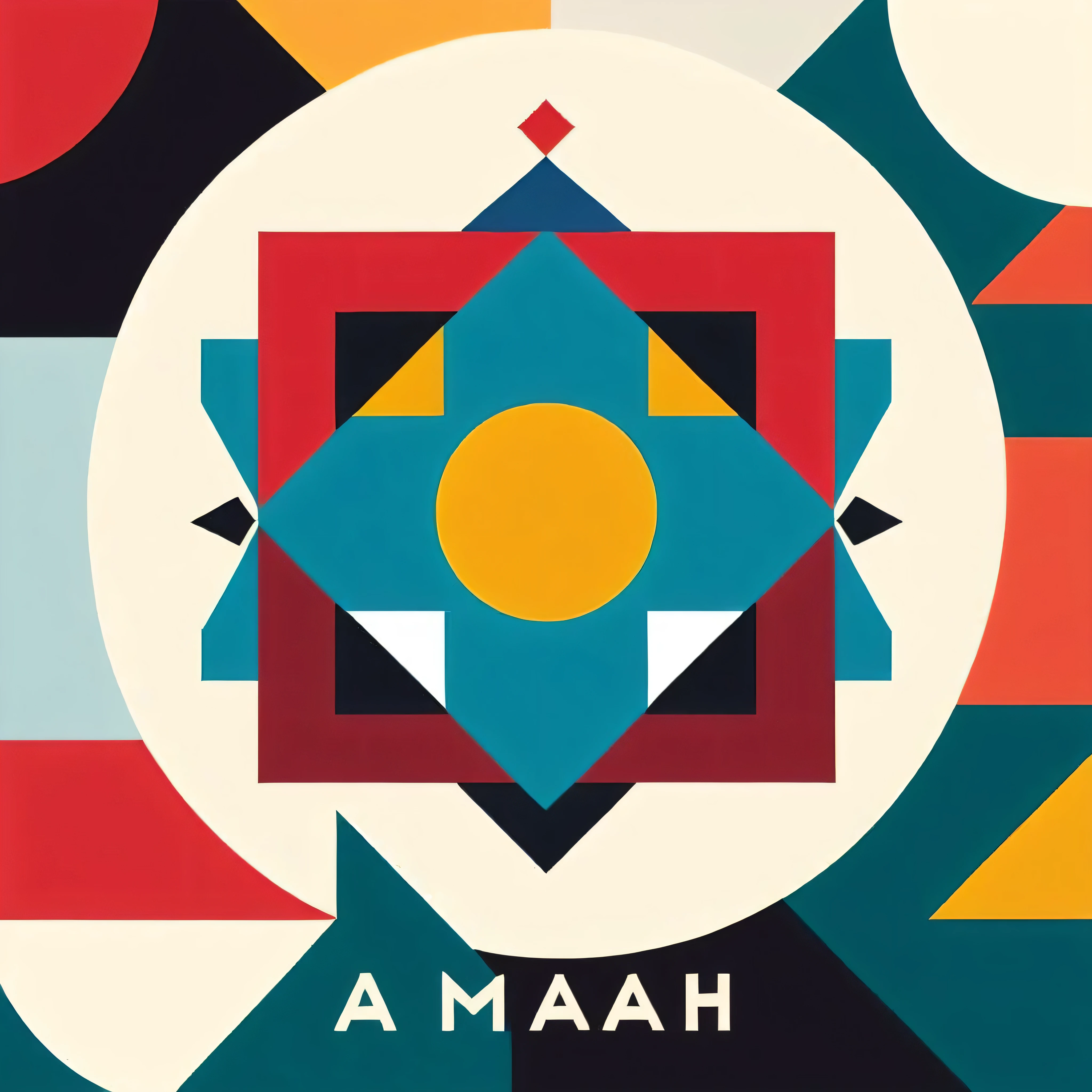 geometric Grootslang AMANAH (( Simple logo design with geometric pattern of Turkish rugs), 3 color logo, (vector art), (minimalist design), (lego), Do it in a hand-drawn style. (The logo name (AMANAH) surrounded by a color pattern beautiful and simple colorful geometry). Represents the image as if the camera is looking at the rug from a position directly below, giving the impression that the AMANAH naming is slightly above the observer, but not too far away.