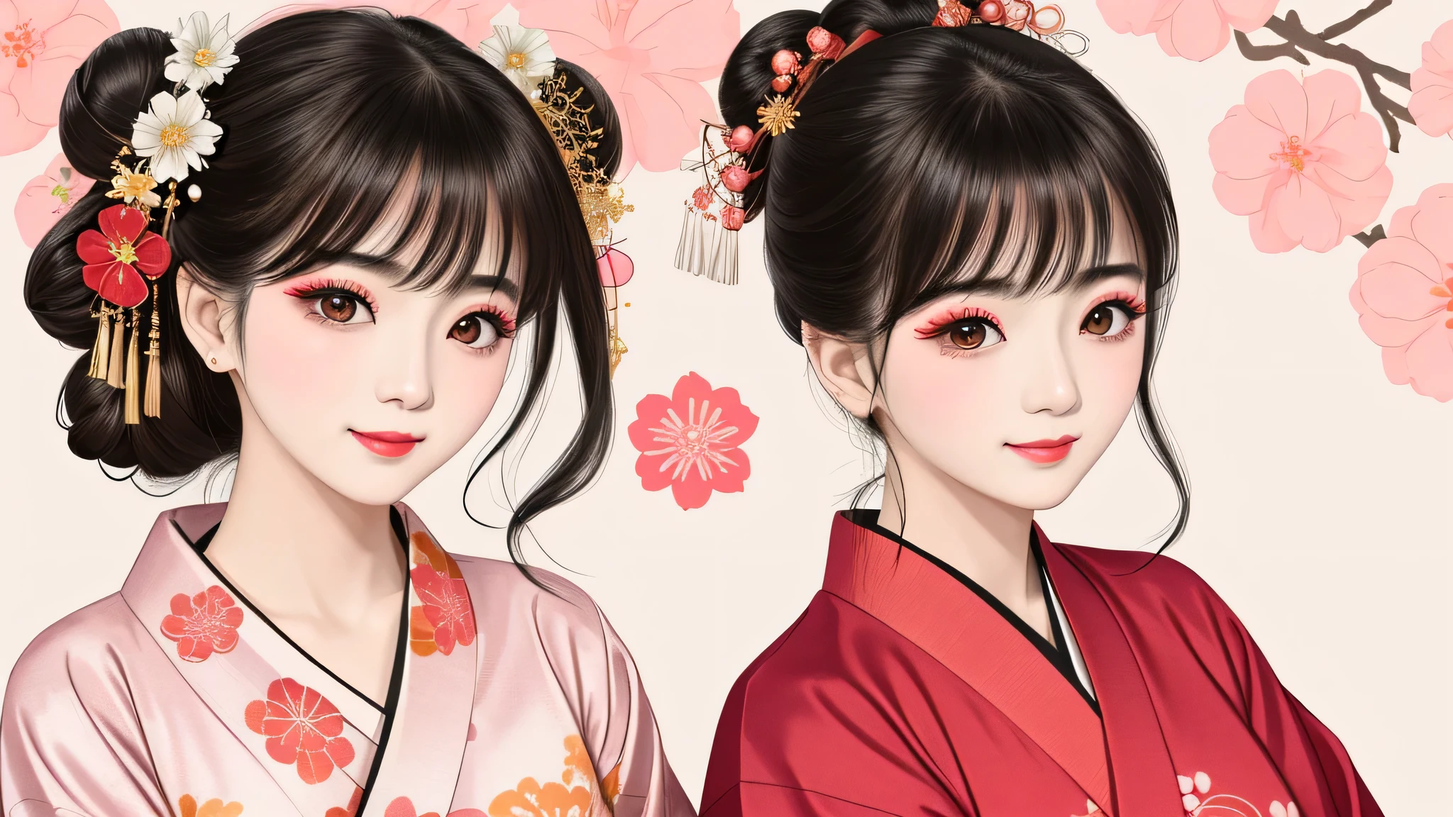 Each has a different expression２People and sisters、(２ girls）、｟Dancing traditional arts with grace)、((Big Breasts、Small Face、Not exposed))、highest quality、masterpiece、（Black Hair、Bun Hair）、Brown Eyes、｟Wide angle、Angle from above the waist、Pause on the magazine cover、Their gazes are different, gazing into the distance｠、(８K High Quality、masterpiece、High resolution、Realistic and beautiful light and shadow、(highest quality)、(High Resolution)、(Very delicate and beautiful)、(Beautiful 8k face)、(With a smile、Beautiful eyes)、(Clear skin)、(Soft hair)、(８Head to Body)、(A Japanese style yukata kimono with red, pink and orange floral patterns on a white background, interspersed with gold powder、Wearing a yukata２Beautiful Japanese girls)、((Tanabata decoration background))、((Small Face))、(arms up)、Thin and small nose、（Red lipstick）、（Make your cheeks red）、（Glossy skin）、((Ink painting style))、Very thin eyebrows、Overall ultra-high image quality、（She is wearing maiko-style makeup.）、Whitening、Long and beautiful eyelashes、Glowing Skin、（Red cheeks）,Straight nose、masterpiece、highest quality、whole body、 Eyebrows visible through hair、Bun Hair、Grin、Gal、Gal、Viewer&#39;s Eyes、Plaid、Stylish、woman、fine、Pause、
Waiting to start 
