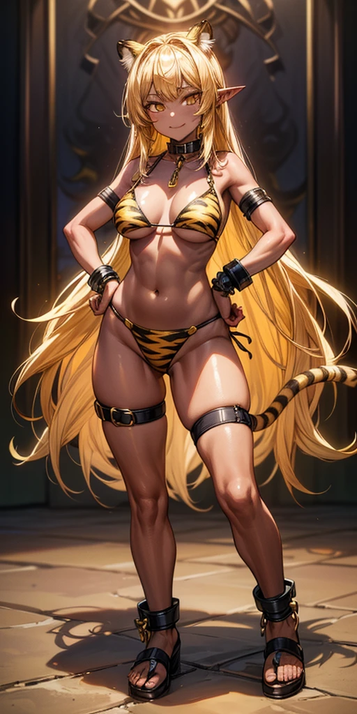 (Masterpiece, best quaility, 4k) (black gyaru darkest skin) (pointy ears) (tiger tail) Princess Nina wearing yellowish tiger print bikini, hands on hips, full body kneeling, golden = (shackles wristbands, chains, bracers, handcuffs) leather collar choker, metal sandals, big knockers, happy closed mouth red cheeks