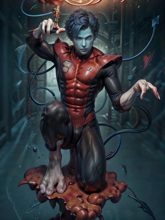 (masterpieces, best quality:1,2),1boy, solo, nightcrawler x-men, (blue demon), yellow eyes, colored skin, (((colored dark blue skin))), ((texture no human))), (((face texture human))) ((slim body), (((short blue hair))), (((three fingers))), demon blue tail, ((black and red uniform)), full body, ((arobatic)), in the air, in flight