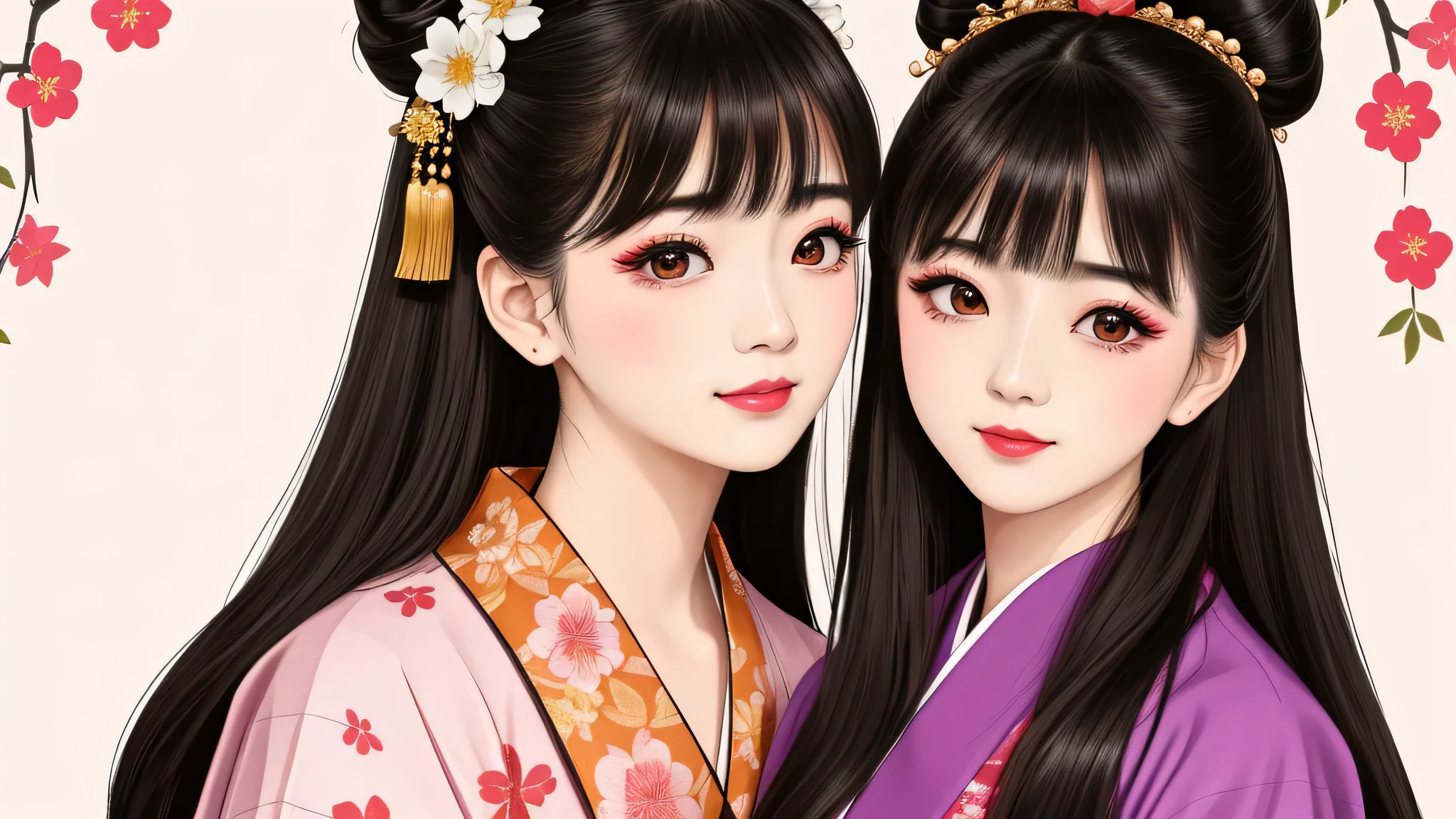 Each has a different expression２People and sisters、(２ girls）、｟Dancing traditional arts with grace)、((Big Breasts、Small Face、Not exposed))、highest quality、masterpiece、（Black Hair、Bun Hair）、Brown Eyes、｟Wide angle、Angle from above the waist、Pause on the magazine cover、Their gazes are different, gazing into the distance｠、(８K High Quality、masterpiece、High resolution、Realistic and beautiful light and shadow、(highest quality)、(High Resolution)、(Very delicate and beautiful)、(Beautiful 8k face)、(With a smile、Beautiful eyes)、(Clear skin)、(Soft hair)、(８Head to Body)、(A Japanese style yukata kimono with red, pink and orange floral patterns on a white background, interspersed with gold powder、Wearing a yukata２Beautiful Japanese girls)、((Tanabata decoration background))、((Small Face))、(arms up)、Thin and small nose、（Red lipstick）、（Make your cheeks red）、（Glossy skin）、((Ink painting style))、Very thin eyebrows、Overall ultra-high image quality、（She is wearing maiko-style makeup.）、Whitening、Long and beautiful eyelashes、Glowing Skin、（Red cheeks）,Straight nose、masterpiece、highest quality、whole body、 Eyebrows visible through hair、Bun Hair、Grin、Gal、Gal、Viewer&#39;s Eyes、Plaid、Stylish、woman、fine、Pause、
Waiting to start 
