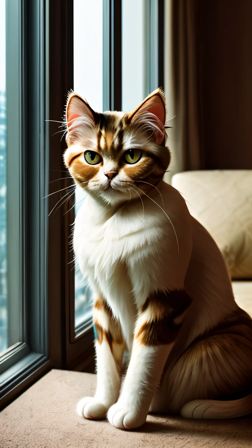 (((Very beautiful Persian cat))), Persian Cat Queen, (Film Grain:1.3), 16k, High resolution, highest quality, Awards, ((masterpiece)), 超High resolution, Analog Style, High contrast A cat sitting lonely by the window。Even if the owner is nearby、The cat&#39;s expression is sad。