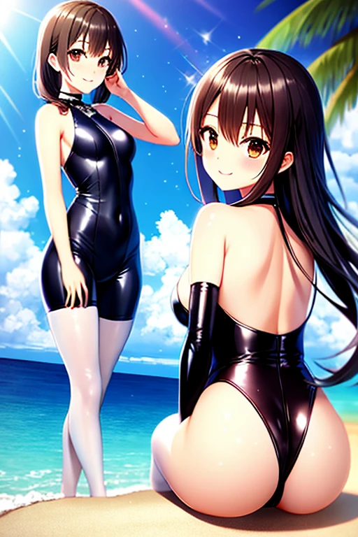 masterpiece, highest quality, superior_Mikoto, Brown eyes, View your viewers, alone, Small breasts, superior半身, (Swimwear), Beach, Outdoor, , smile, close_mouth, ((Crossing your legs)), ((Are standing)), Abusing lens flares, One-piece suit, Bodysuits, Shiny clothes, thick, One Girl, One girl, white Swimwear, pantyhose, Butt pose, Butt pose, Back pose, Nice ass, latex