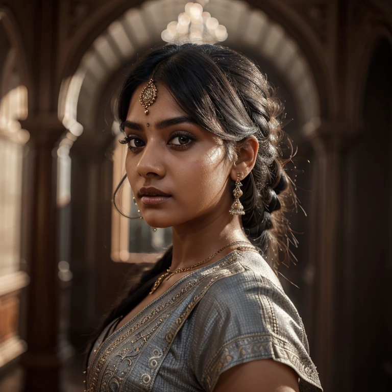 highly detailed, 8k, masterpiece, 1 indian girl, Grey two-tone_hair, dress , , (perfect_face), ornate, intricate, dramatic lighting, 4k, detailed_background, caustics, portrait, , from_side