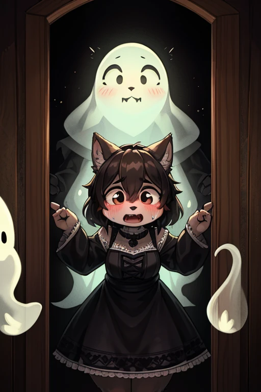 Hairy wolf mom , round face , moist round eyes , Swollen cheeks , scream , glossy lips , Gothic summer dress , in the Haunted house , could not hold pee in fear , (peeping traditional transparent ghost:1.2) , escape , look of pain