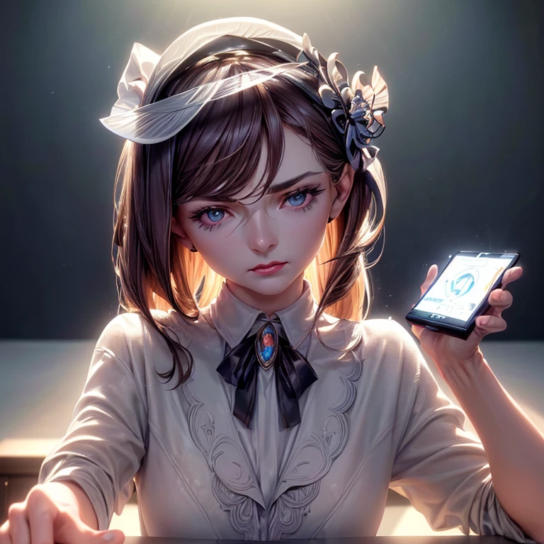 (((Point your smartphone at the camera))),(((POV))),(((Holding a smartphone))),((Get angry)),((leather jacket)),((white_shirt)),(((jeans))),((leaning on person)),((indoors)),((diffraction of light)),((tyndall effect)),(((pale red lip))),(((fuller lips))),(((beeline))),(((sense of depth))),((highest quality)),((32K)),((HDR)),((Ultra-high resolution)),((RAW)),((Realism)),((masterpiece)),(Intricate details),(Delicate and beautiful details),Detailed eyes,Detailed facial features,glossy lips,((((madeon)))),((perfect anatomy)),gleaming skin,(best illuminate),(cinematic shadows),((absolutely resolution)),((incredibly absurdres)),((highres)),(refraction_1.4),((ultra detailed)),