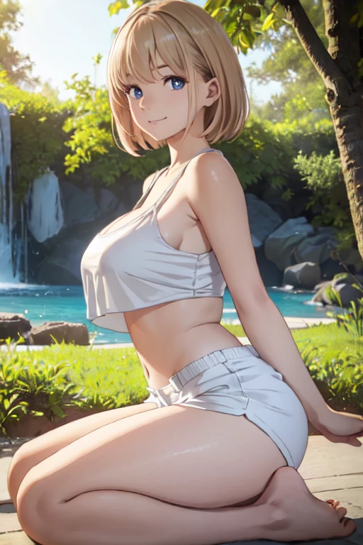 masterpiece, best quality, ultra detailed, highres, extremely detailed CG unity 8k wallpaper, perfect lighting,  very detailed background, Outdoor、beautiful and aesthetic,sharp focus, perfect face, Perfect hands、Perfect Fingers、Perfect toes、Five fingers、
1lady、 smiling、
short light brown hair, large light blue eyes、delicate oval face、large breasts、Underlim figure、
white short crop top、white shorts、
thin thong、barefoot、kneeing
Ambient light、Volumetric Light、shoot from side、(Glowing Skin:1.3)