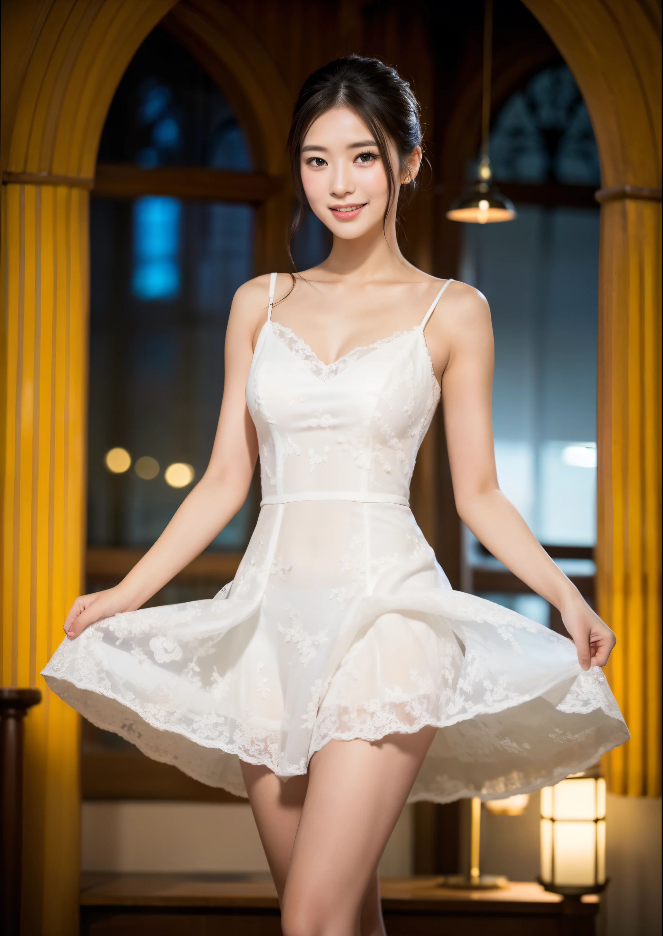 Beautiful 25 year old  woman。She is wearing a summer wedding dress. She has her legs crossed and one leg is visible. She is shying and smiling on illuminated by the evening church lights . her black hair. High resolution、masterpiece、highest quality、頭w:1.0、((Hasselblad Photos))、fine skin、(movie lighting)、clavicle . full body picture.