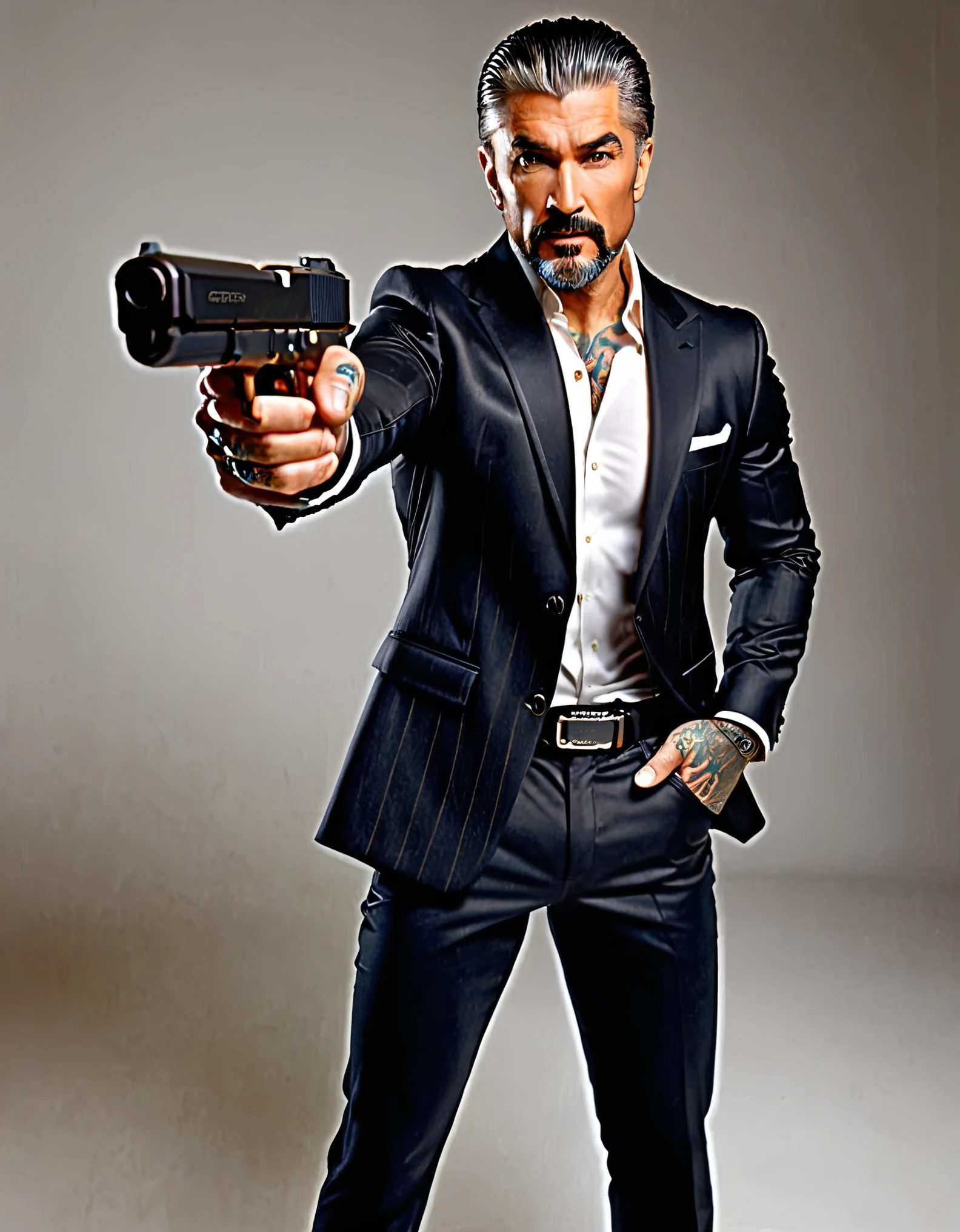 Extremely detailed, very realistic, very sharp, hyper realistic, best quality, masterpiece, 50 age, tall muscled, grizzled (stylish) hair, stubble, ((scars)), pants, evil, boots, concealed pistol holster, (((nightclub))), ((blazer)), ((tattoos)), goatee, black hair, pointing pistol at the viewer, Glock 17.
