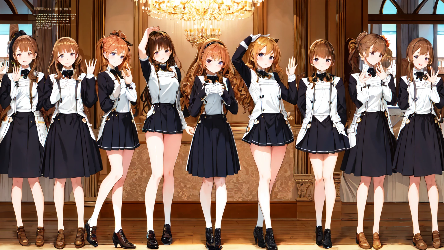 masterpiece, highest quality, High resolution, 10+girl, crowd, Identical sister, clone, An orderly line of sisters, An orderly line of sisters, Sisters standing in a line, uniform, Matching outfits, Long Hair, Curly Hair, ponytail, Matching hairstyle, Hazel Eyes, Brown Hair, Black tie, Blue ribbon, Brown Skirt, salute, smile, indoor, Group shot, whole body, Panty shot, Black high heels