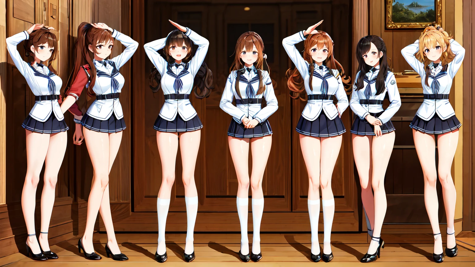 masterpiece, highest quality, High resolution, 10+girl, crowd, Identical sister, clone, An orderly line of sisters, An orderly line of sisters, Sisters standing in a line, uniform, Matching outfits, Long Hair, Curly Hair, ponytail, Matching hairstyle, Hazel Eyes, Brown Hair, Black tie, Blue ribbon, Brown Skirt, salute, smile, indoor, Group shot, whole body, Panty shot, Black high heels