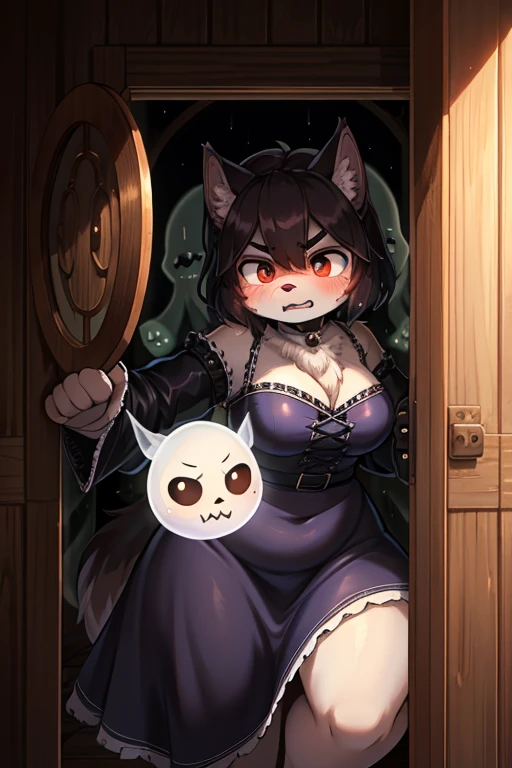 Hairy wolf mom , round face , moist round eyes , Swollen cheeks , glossy lips , Gothic summer dress , in the Haunted house , fighting move , (peeping traditional transparent ghost:1.2) , escape , look of angry