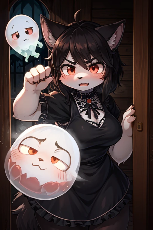 Hairy wolf mom , round face , moist round eyes , Swollen cheeks , glossy lips , Gothic summer dress , in the Haunted house , fighting move , (peeping traditional transparent ghost:1.2) , escape , look of angry