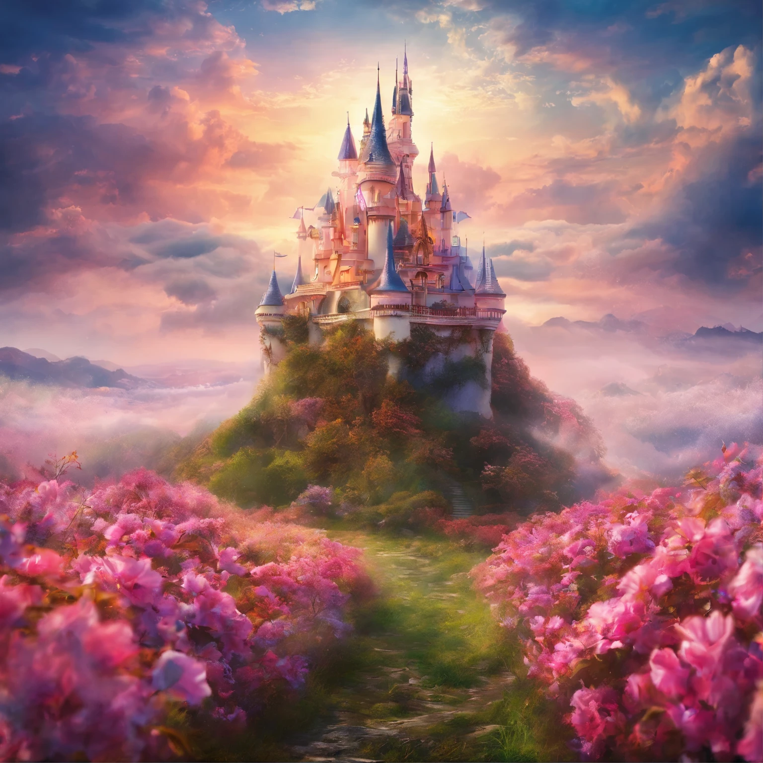 Fantasy castle in the clouds，Flowers，Super Fine，Hyperrealism，Ultra-realistic，Depth of Field，OC Renderer，Movie Lighting，very good，Ultra Detailed，complicated，Low angle view，CG art