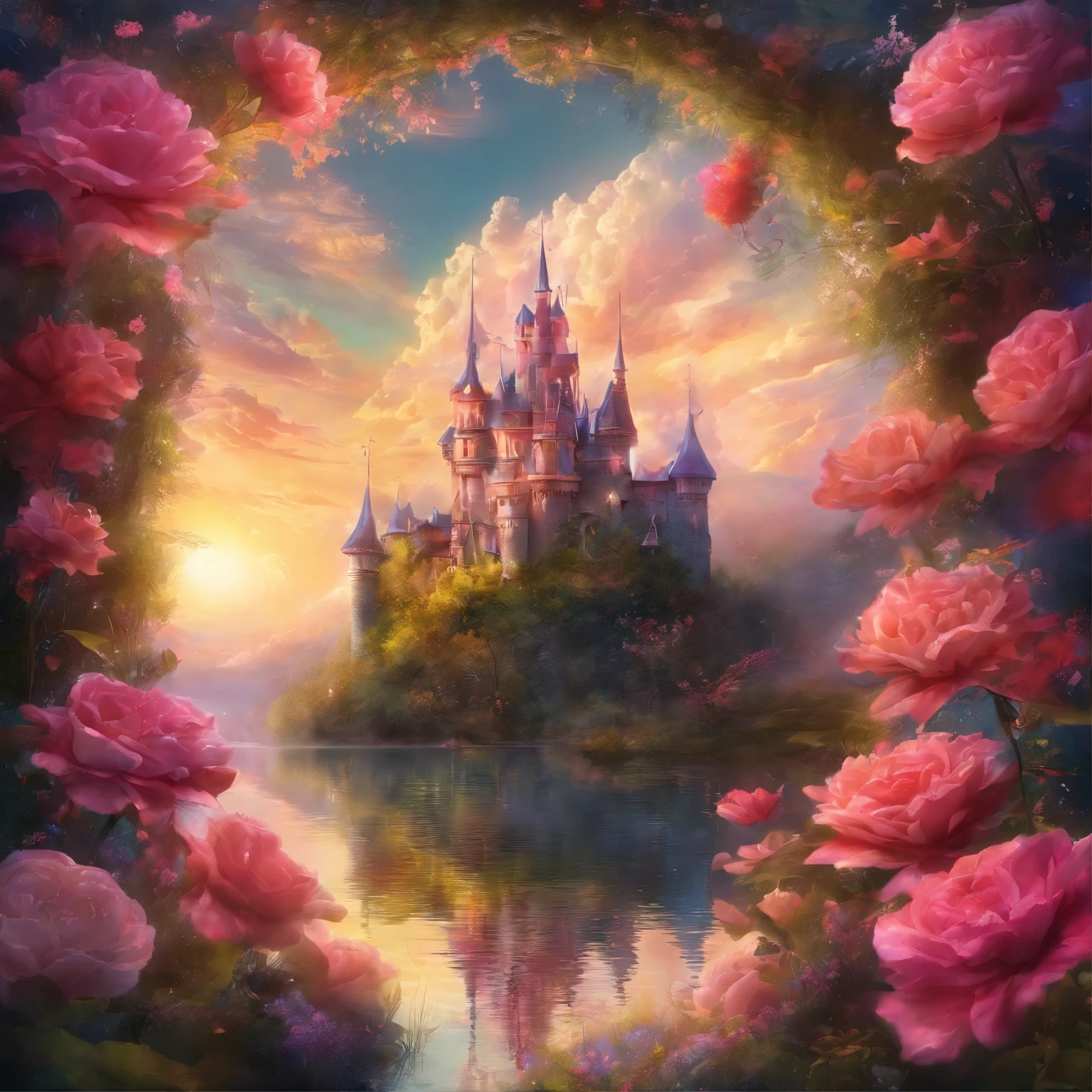 Fantasy castle in the clouds，Flowers，Super Fine，Hyperrealism，Ultra-realistic，Depth of Field，OC Renderer，Movie Lighting，very good，Ultra Detailed，complicated，Low angle view，CG art