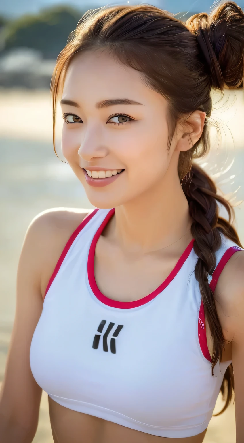 ((highest quality, 8k, masterpiece: 1.3)), One girl, The beauty of slim abs: 1.3, (Random hairstyles casual, Big Breasts: 1.2), Beach volleyball uniform: 1.1, Very beautiful face, Delicate eyes, double eyelid, smile, Sunny seaside,Dimples,