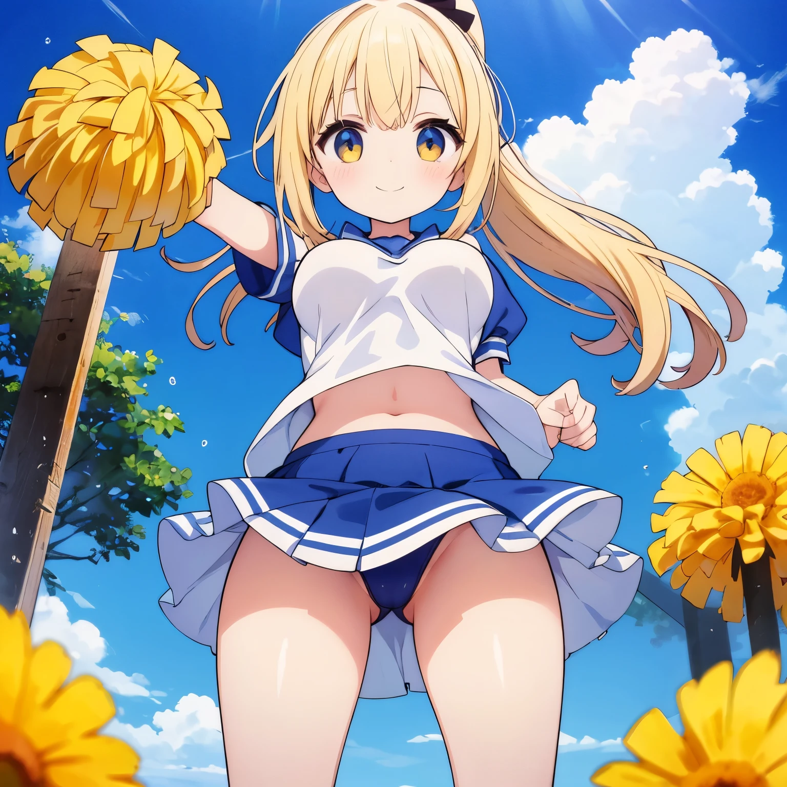 Cute girl in cheerleader outfit、Blonde hair in a ponytail、Big Breasty clothes are wet and transparent、Smiling shyly、Drawn from thighs to head、Angles that look like peeking out from below、Sunny schoolyard、Very detailed、highest quality、Ultra-high resolution、masterpiece、8k