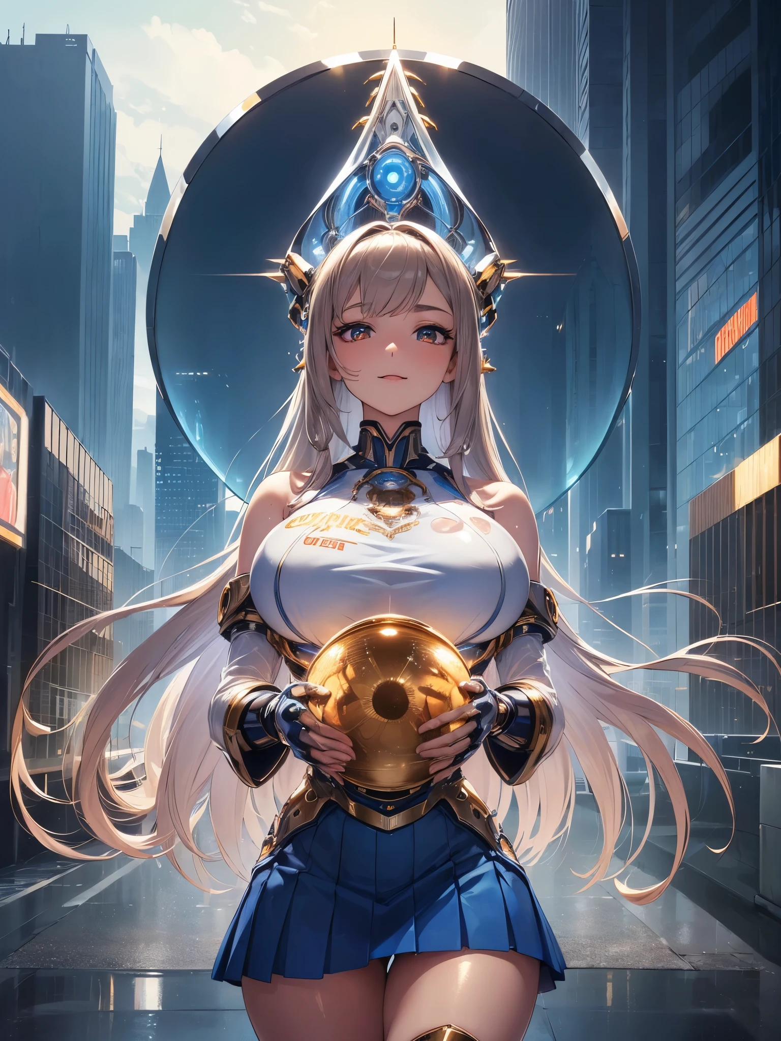 (((masterpiece))), (((best quality))), ((ultra-detailed)), (illustration), ((an extremely delicate and beautiful)), ((super detail)), ((high resolution)), (((20 years old))), metallic cloth, (cheerleader), ((android)), delicate metal decorations, gleaming skin, shiny body, two legs, breast focus, (((tall))), slender legs, ((big round eyes)), cute eyes, drooping eyes, ((adult)), two hands, five fingers, no extra hands, elegant smile, braid, ((metallic blue)), (see-through), (ash brown), (ultra-huge breasts), (shining brightly), outdoor, mini skirt, city, daytime, ((biopunk)), (hair shorter than shoulder), ((gynoid)),