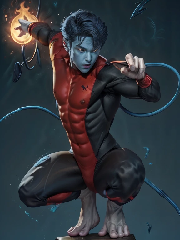 (masterpieces, best quality:1,2),1boy, solo, nightcrawler x-men, (blue demon), yellow eyes, (((colored skin))), (((colored dark blue skin))), ((texture no human))), (((non face texture human))) ((slim body), (((short blue hair))), (((three fingers))), demon blue tail, ((black and red uniform)), full body, ((arobatic)), in the air, in flight