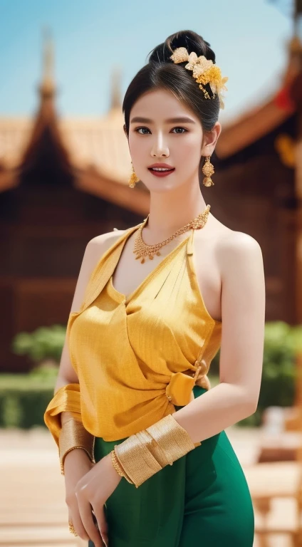 A beautiful young woman of Tai Khun descent, adorned in a meticulously crafted Keng Tong Tai Khun traditional outfit, stands gracefully against the backdrop of the majestic Bagan temples. Her attire shimmers with intricate embroidery and gold accents, each element carefully chosen to reflect the rich cultural heritage of her people. weapon, gun, armor, multiple_boys, holding, 2boys, holding_weapon, pouch, holding_gun, outdoors, shoulder_armor, rifle, helmet, smoke, belt, gauntlets

Details:

Facial features: The woman's face is radiant and youthful, with delicate features and captivating eyes that sparkle with warmth and intelligence. Her hair is styled in a messy bun adorned with fresh flowers and secured with a gold pin, adding a touch of elegance and whimsy.
Traditional outfit: The Keng Tong Tai Khun outfit is a masterpiece of craftsmanship, featuring vibrant silks, intricate embroidery, and delicate gold embellishments. The long, flowing skirt cascades gracefully around her legs, while the fitted bodice accentuates her slender figure. A traditional headdress adds a regal touch to her ensemble.
Accessories: The woman's beauty is further enhanced by a dazzling array of traditional jewelry. Bangle bracelets encircle her wrists, a statement necklace adorns her neck, and delicate earrings dangle from her ears. Each piece is intricately crafted and adds a touch of luxury to her overall look.
Bagan temples background: The ancient Bagan temples provide a breathtaking backdrop for the portrait. Their weathered brickwork and towering spires add a touch of grandeur and mystery to the scene. The warm hues of the sunrise or sunset bathe the temples in a golden glow, creating a truly magical atmosphere.