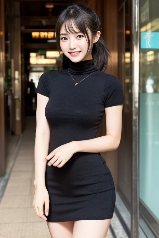 ponytail, Healed body, wearing a beautiful short black dress, Knitted dress、Lap above、At an angle where you can see her butt, In front of Yokohama Station、(Large Breasts、The lines of the body are clear、slender),Beautiful legs、Bare legs、Black high heels、smile、cute、Beauty、Short sleeve、(turtleneck,Hide your chest)、Anatomically correct、Without any discomfort