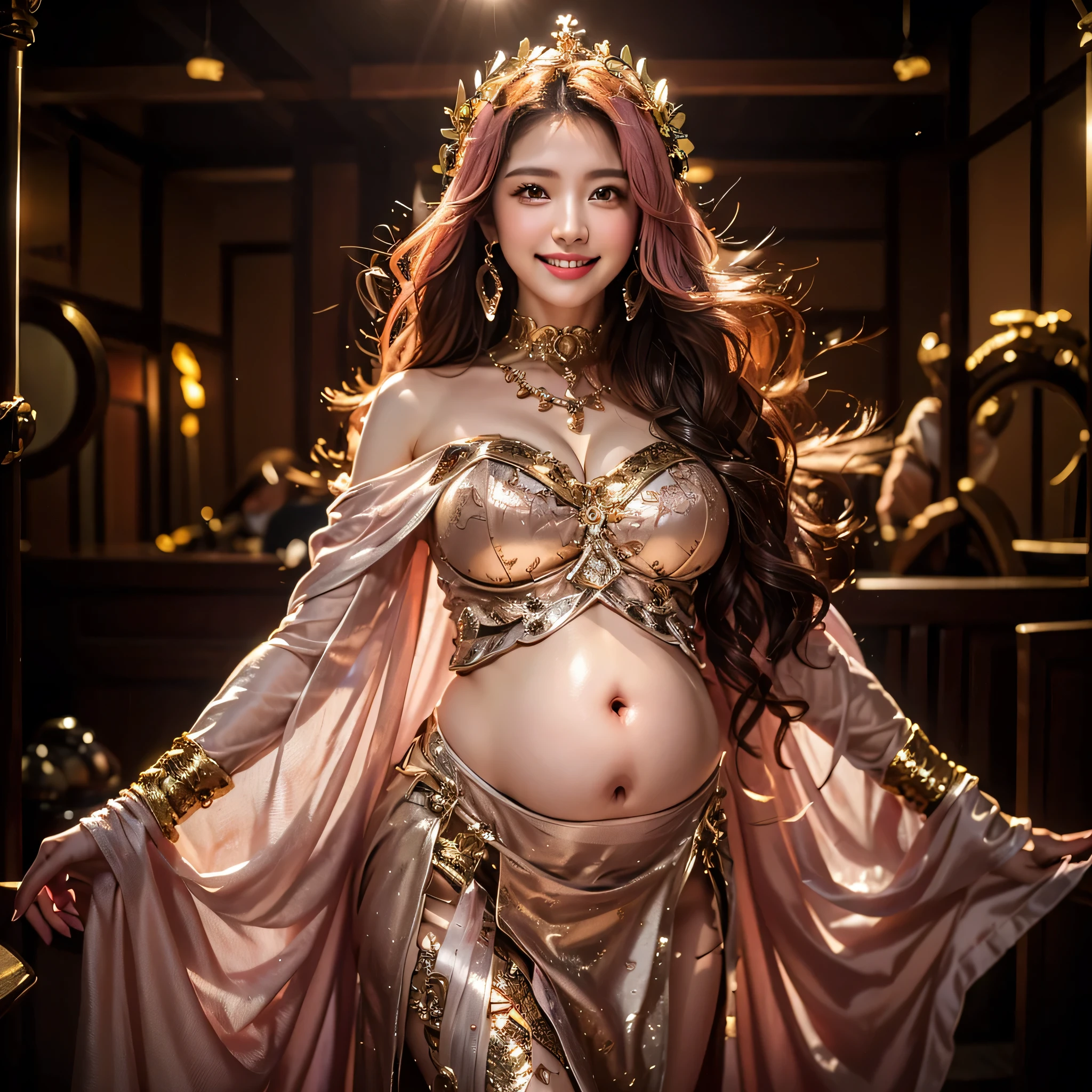 ((highest quality、Tabletop、8k、Best image quality))、Greek Goddess、During pregnancy、Complete Greek mythology atmosphere、Goddess of Beauty、Aphrodite、The best smile you ever had when you saw me、Most Beautiful Goddess Gorgeous Goddess Costume、the most gorgeous greek mythology costumes、Complex and glamorous background、The most gorgeous and dazzling goddess、Large Breasts、Salmon pink hair、