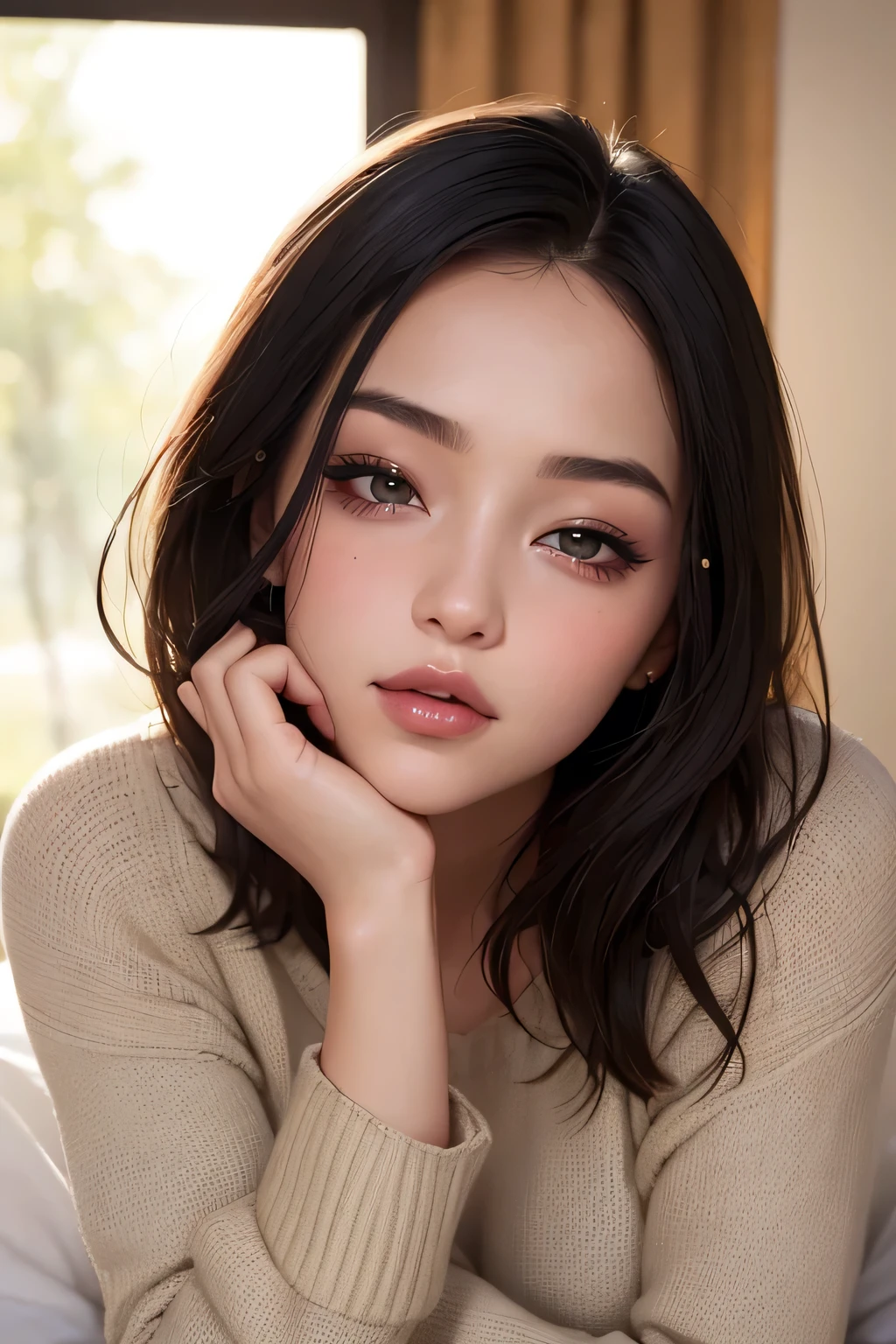 Amazing portrait of a sexy woman with a beautiful face and perfect hair wearing amazing makeup and a seductive gaze while blushing intensely being ready to kiss wearing a long oversized sweater near a window with natural light beaming through window showcasing her beautiful face while she's seductively gazing at us while lying on a bed resting her head on a pillow facing the viewer