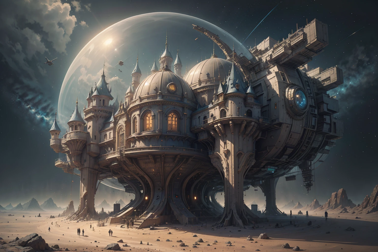 best quality, intricate details, castle under a dome built on a spaceship landed on mars, steampunkai, backround, space, stars