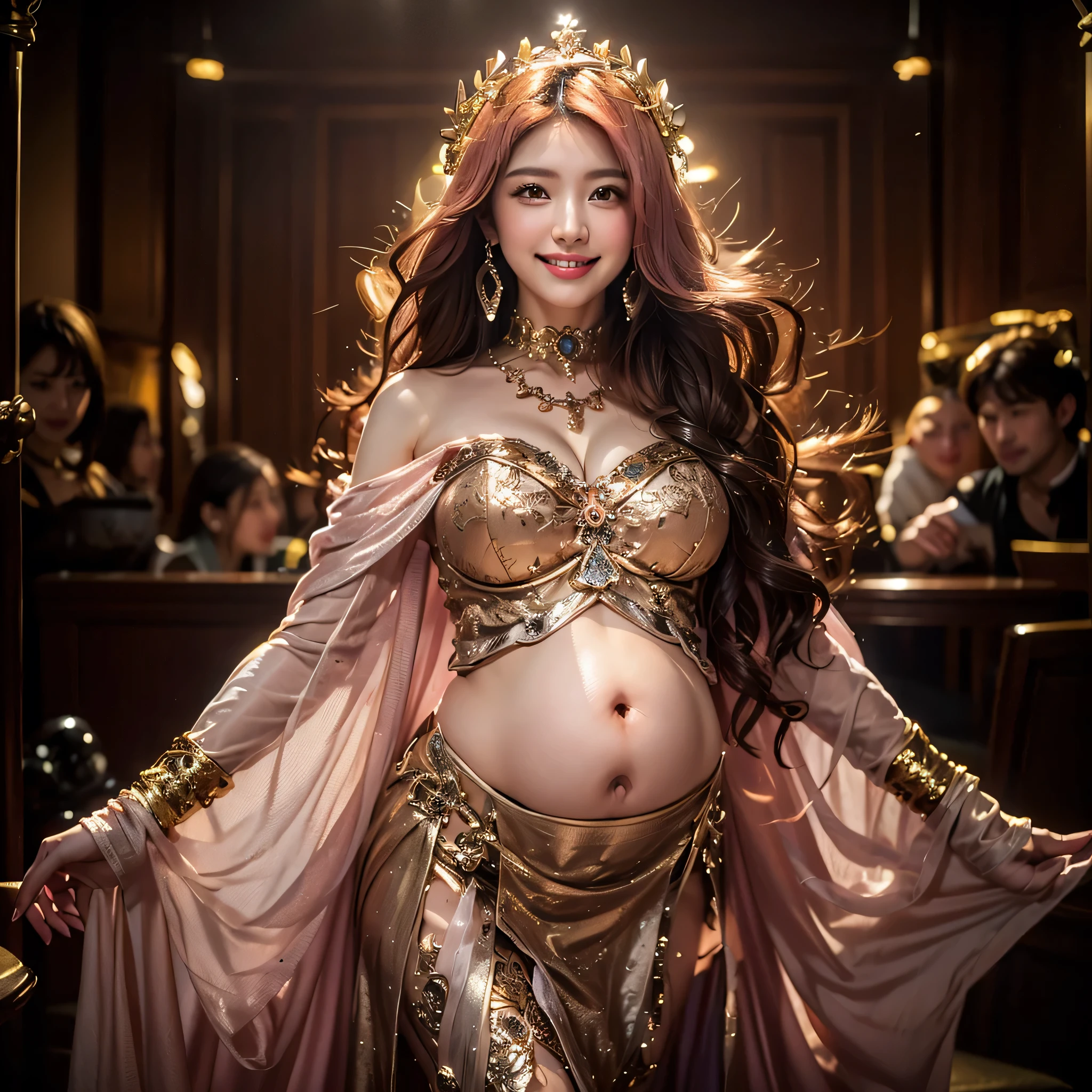 (top-quality、masutepiece、8K、Top image quality、Hyper-Realism、1 photo)、(A prostitute goddess wearing the most luxurious and majestic costume.:1.2)、(The most intricate and luxurious goddess and princess gigantic costumes:1.4)、Pregnancy、(The most magical and beautiful starry sky:1.1)、(There is a shooting star in the sky:1.1)、(The most luxurious and intricately decorated dresses:1.2)、(Goddess of prostitution standing on the beach:1.2)、(Very intricate and detailed crystal clear ocean:1.1)、(Very intricate and most gorgeous pink and purple goddess costume:1.2)、(Upper body photo of the goddess of prostitution:1.1)、shining water surface、The most fantastically shining sea、Crisp and detailed background,、accurate anatomy、Full Body Jewelry Decoration、Golden decoration、the most gorgeous goddess sleeves、The most gorgeous decoration、beautiful brown hair、Comes with lots of intricate jewels、、最も贅沢でtop-qualityの巨大ティアラ、最も贅沢でtop-qualityのジャイアントネックレス、Perfect makeup、(the best smile when you look at me)