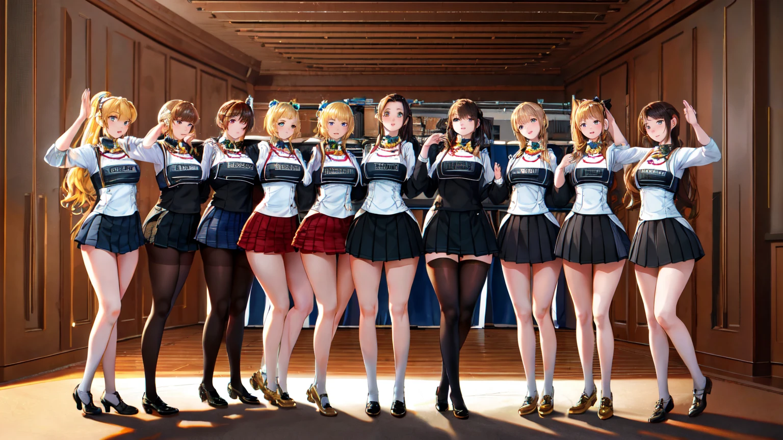 masterpiece, highest quality, High resolution, 10+girl, crowd, Identical sister, clone, An orderly line of sisters, An orderly line of sisters, Sisters standing in a line, uniform, Matching outfits, Long Hair, Curly Hair, ponytail, Matching hairstyle, Hazel Eyes, Brown Hair, Black tie, Blue ribbon, Brown Skirt, salute, smile, indoor, Group shot, whole body, Panty shot, Black high heels
