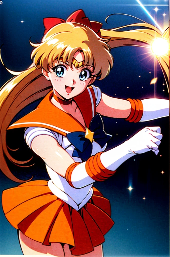 (masterpiece:1.3),(highest quality:1.4),(ultra detailed:1.5),High resolution,extremely detailed,unity 8k wallpaper,Official Art,Perfect Anatomy,(Anime screenshots:1.11),(90s Anime,90s Anime style,cell shaded anime:1.17),4fingers and 1thumbs,((solo:1.52)), (1990s \(style\), retro artstyle:1.5),anmnr,((sv1:1.52)),((Sailor Venus:1.37)),sailor senshi uniform, orange skirt, elbow gloves, tiara, orange sailor collar, red bow, orange choker, white gloves, jewelry,Open Mouth Smile. (Dynamic boxing pose:1.25), Strong lighting),to be born,Color Theme Red, Dramatic Light, (Expressions of joy:1.4),magician, Spell Magic, magic circle, ((Magic in the hands)),(Use the magic of light:1.14),Fire Magic, Imaginative Overlays, Artistic Fusion,Great scene, moving story, Impressive visuals, (Shining Eyes),Looks good on the eyes,Looks good on the eyes,Eye focus,(Carefully crafted brilliance, Lens flare:1.7),(Expressions of joy:1.51),Octane Rendering,Rainbow Paint Drops,Woman made of paint,Full Paint,(Movie Background),Splat,splash,Dark and blurry background,close,(Best writing, Very delicate and beautiful),Beautiful sparkle in every detail,(Soft Light:1.2),(Soft Money Tone Lighting),W腕 and Soft Lighting,Dramatic Light,((Cinematic Light)),Ambient Occlusion,Zhou Xianguang,intense,powerful,Absolutely eye-catching splashes of color,((caustic)),ray tracing reflection,The light shines,morning,