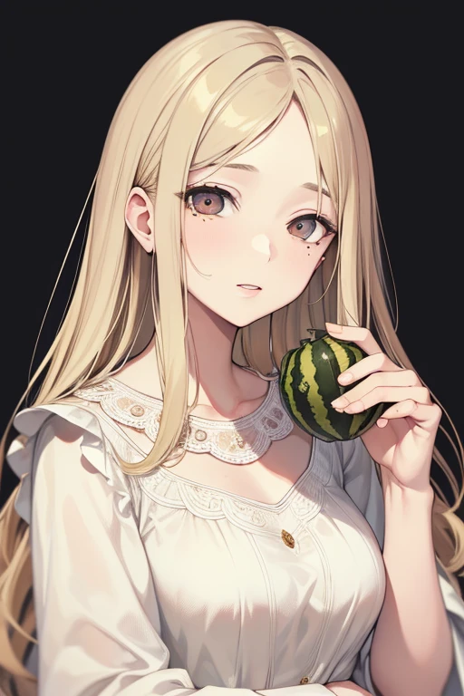 masterpiece, highest quality,In-person audience, Upper Body,Middle-aged women,Greek Goddess Attitude, Melon seed face, ((Narrow eyes)), Mole under the eye,Brown eyeball, Thin lips, Blonde, Very long hair, Laugh with your mouth closed,40 years old, self-portrait, Simple Background,White Dress,