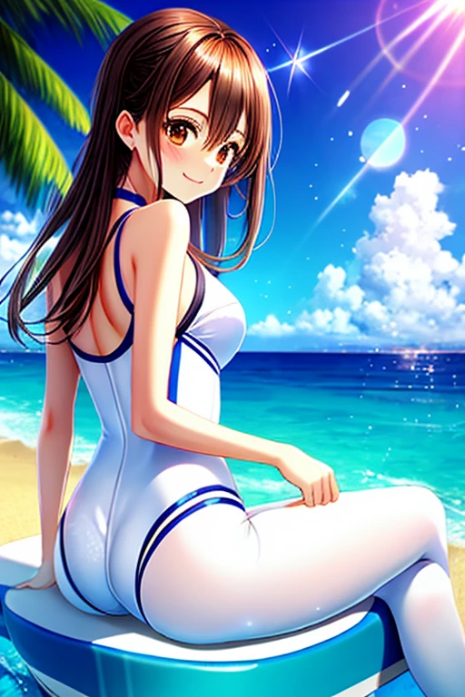 masterpiece, highest quality, superior_Mikoto, Brown eyes, View your viewers, alone, Small , superior半身, (Swimwear), Beach, Outdoor, , smile, close_mouth, ((Crossing your legs)), ((Are standing)), Abusing lens flares,  One-piece suit, Bodysuits, Shiny clothes, thick, One Girl, One girl, white Swimwear, pantyhose,  pose,  pose, Back pose, Nice , latex