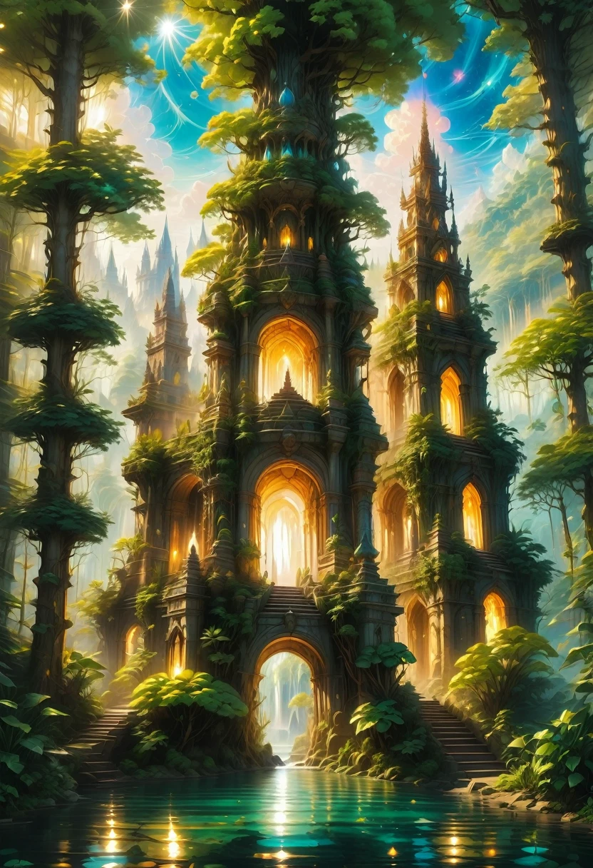 Dream Castle, aesthetic, (best quality,4k,8k,highres,masterpiece:1.2),ultra-detailed,medieval castle,majestic towers,grand entrance gate,mystical atmosphere,enchanted forest,sunlight filtering through the trees,lush greenery,gleaming river,reflection on the water,exquisite stone carvings,golden accents,spires reaching towards the sky,vivid colors,soft lighting,ethereal beauty,serene ambiance