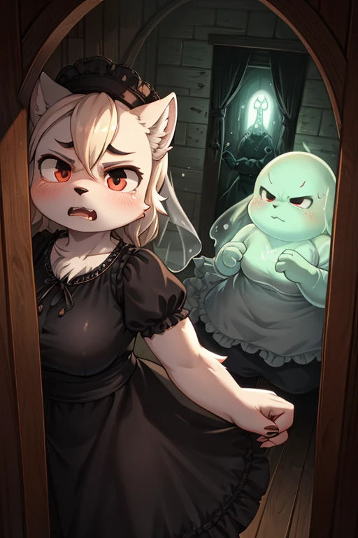 Hairy wolf mom , round face , moist round eyes , Swollen cheeks , glossy lips , Gothic summer dress , in the Haunted house , fighting move , (peeping traditional transparent ghost:1.2) , escape , look of angry