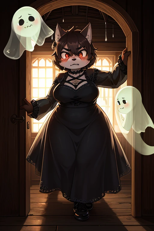 Hairy wolf mom , round face , moist round eyes , Swollen cheeks , glossy lips , Gothic summer dress , in the Haunted house , fighting move , (peeping traditional transparent ghost:1.2) , escape , look of angry