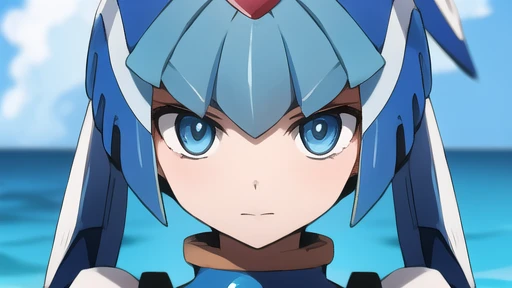 Leviathan Megaman 1 girl, looking at viewer, blue hair, Blue eyes, sea background , face only