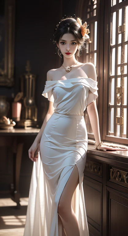 ((Exposing shoulders)), ((Ample breasts)), ((The skirt is short)), ((Sexy Legs)), ((whole body)), practical, Stylish girl, Red lips, Mature Woman, Exquisite makeup, Big eyes, beautiful, (highest quality, masterpiece:1.2), Super detailed, (practical:1.37), ((random scene, Random shooting angles)), ((Sexy long legs)), Young and energetic, Attractive model, (Delicate Eyes, Delicate lips), show a bright smile, Create attractive girl images, warm color, Very high color saturation, Official Art, Very detailedなCG, unity 8k wallpaper, (High Dynamic Range :1.4), (Movie atmosphere),(Soft colors), (Natural skin texture, ultra-practical, Soft Light, sharp),(Very detailed), night, moonlight